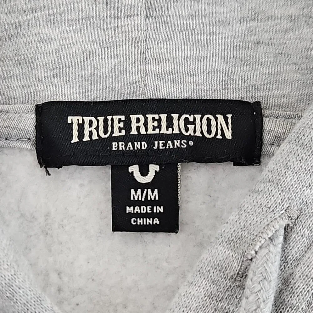 True Religion Colorblock Fleece Logo Hoodie Men's M Black Grey EUC Drawstring LS